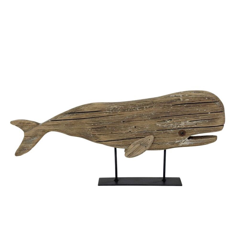 Wood Whale Statue on Stand Rustic Coastal 13.5 Inches Long Shelf Decor